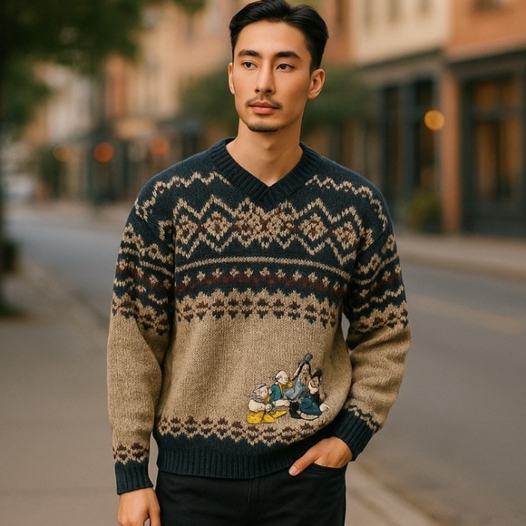 Vintage Men's Disney Store Mickey Wool Ski Lodge V-Neck Sweater Size Small - Picture 2 of 6